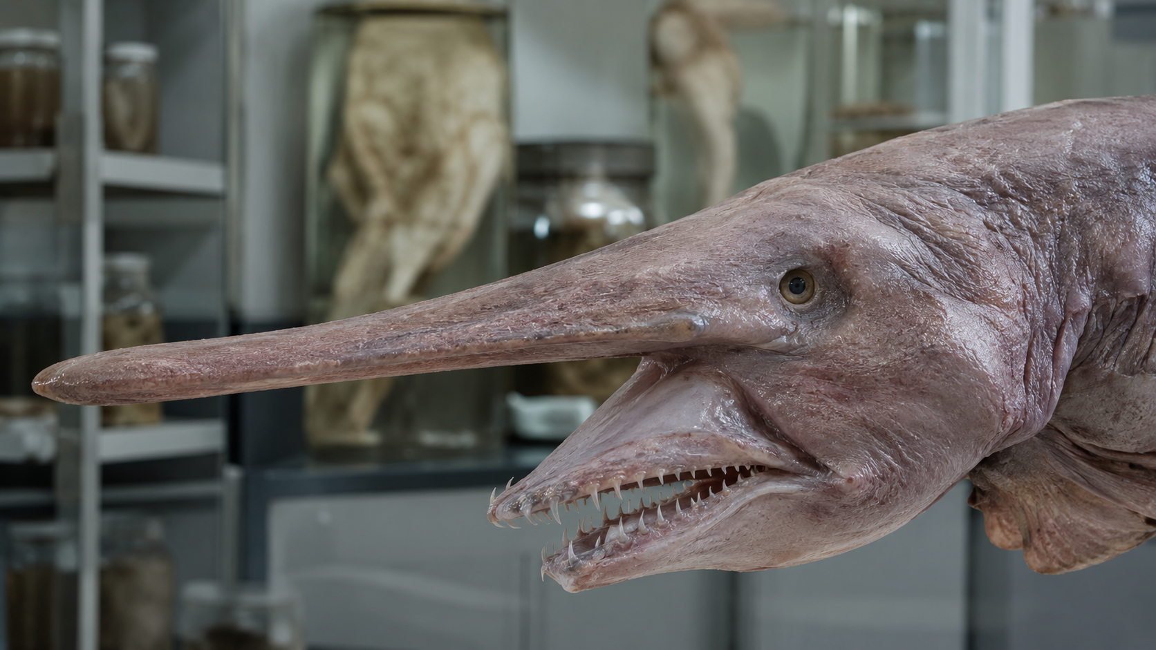 Spécimen de requin lutin conservé en collection de muséum, rostre et mâchoires visibles