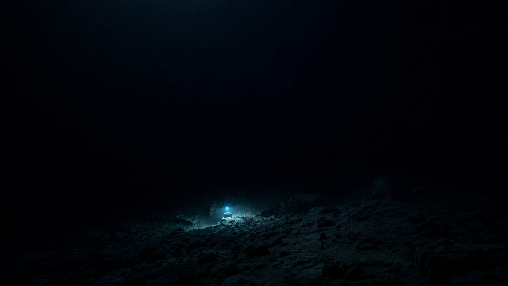 Silhouette d'un poisson dans l'obscurité d'une fosse océanique, faible halo d'une caméra de fond