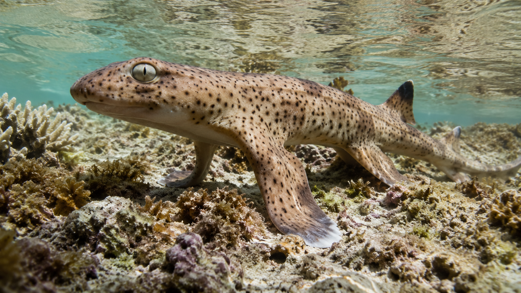 Gros plan d'un requin marcheur poussant sur ses nageoires sur le fond corallien