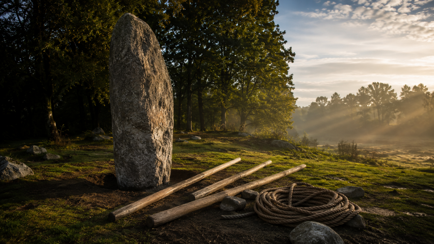Grande pierre de granit érodée dressée dans une clairière herbeuse en lisière de bois, avec des leviers de bois et une corde posés au sol, dans la lumière du petit matin