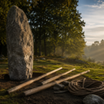 Grande pierre de granit érodée dressée dans une clairière herbeuse en lisière de bois, avec des leviers de bois et une corde posés au sol, dans la lumière du petit matin