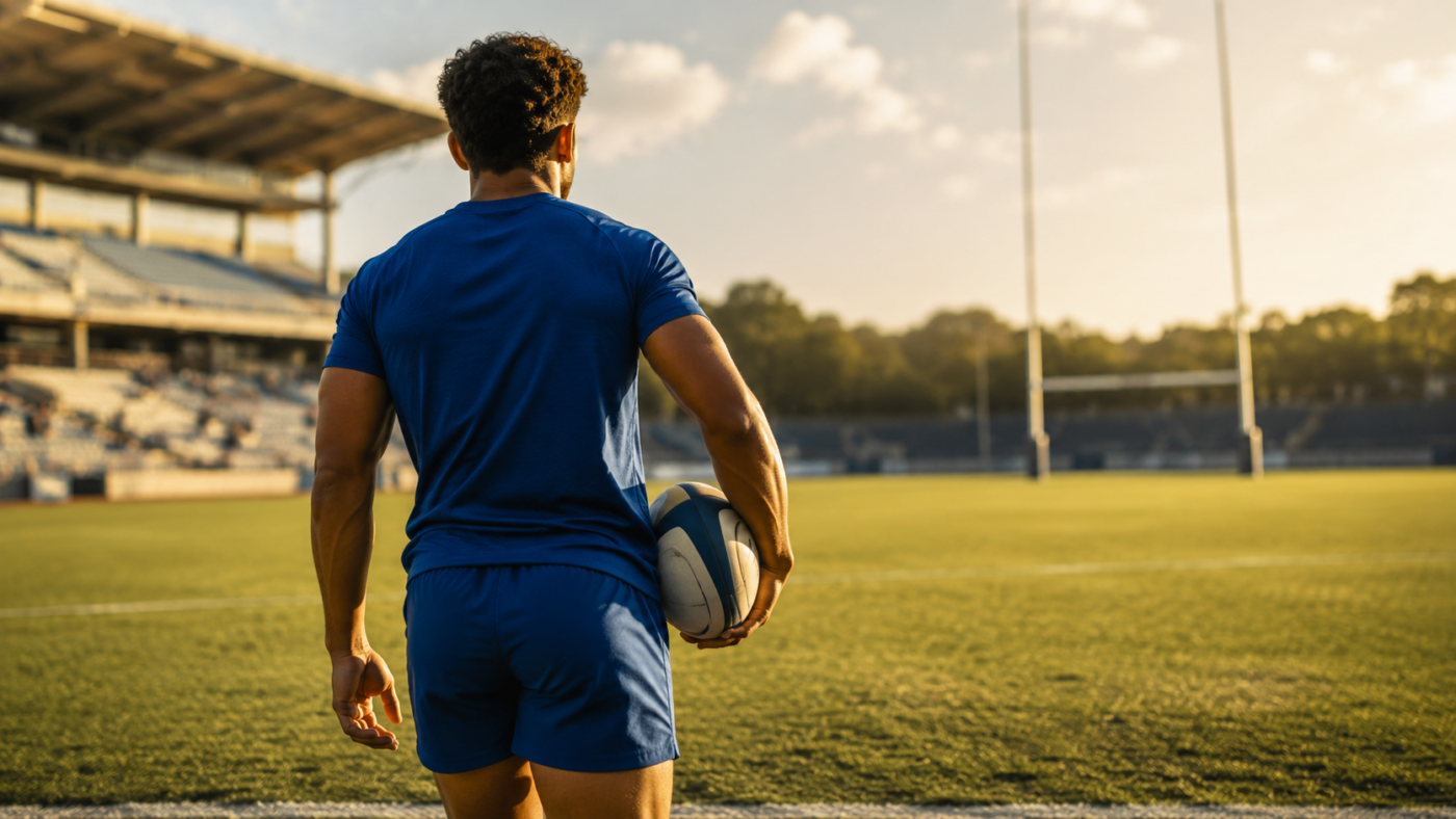 Joueur de rugby à 7 en maillot bleu uni, de face, visage générique exprimant la fierté et l'émotion de son premier match, sur une pelouse ensoleillée aux tribunes floues