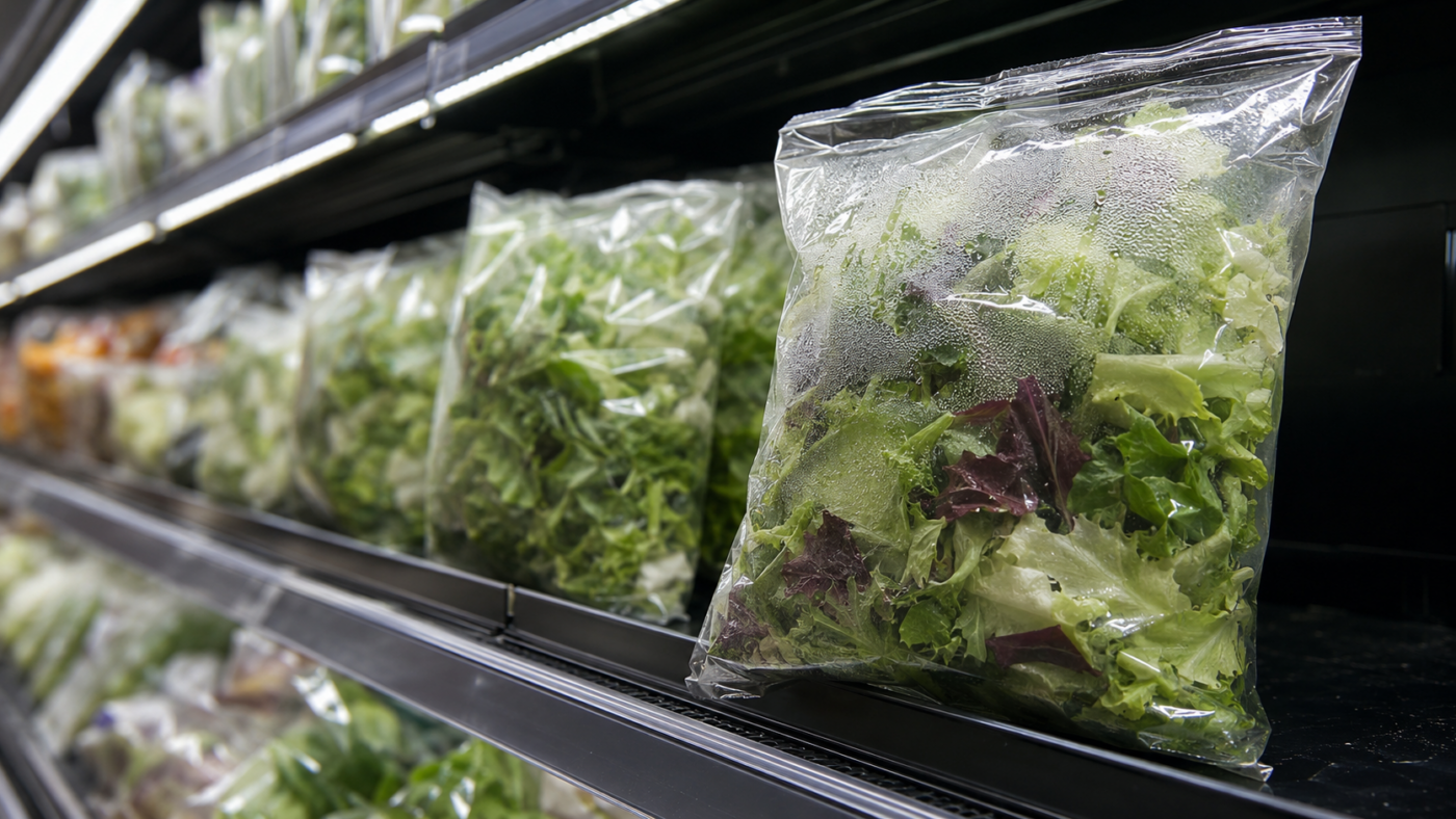 Linéaire réfrigéré de supermarché garni de sachets de salade sans étiquette lisible