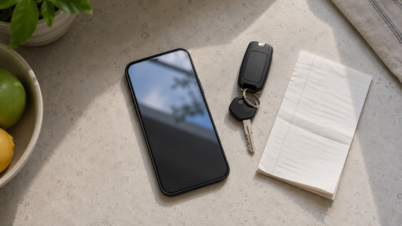 Un smartphone à écran neutre posé sur un plan de travail de cuisine à côté de clés et d'une liste de courses
