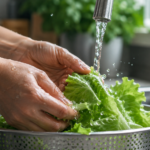 Deux mains rinçant des feuilles de salade dans une passoire sous l'eau courante