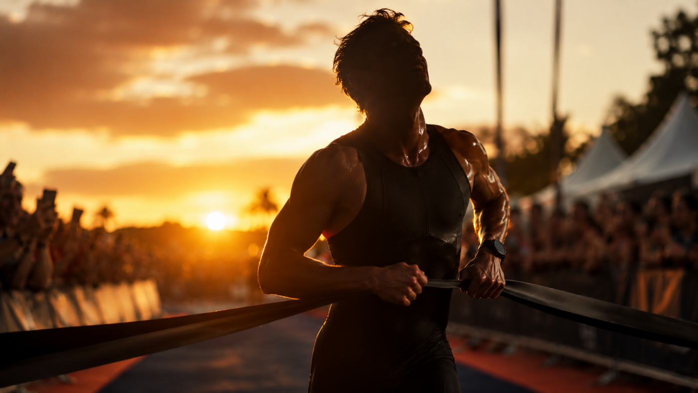 Un triathlète anonyme franchit une ligne d'arrivée au crépuscule, expression concentrée
