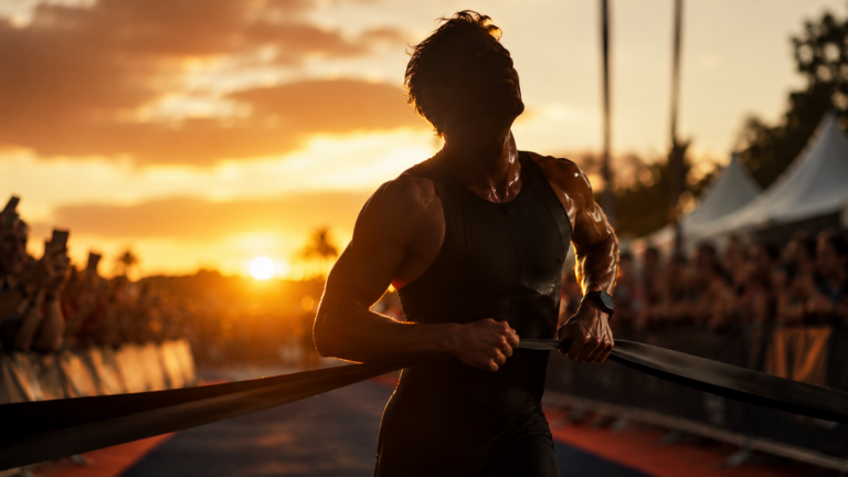 Un triathlète anonyme franchit une ligne d'arrivée au crépuscule, expression concentrée