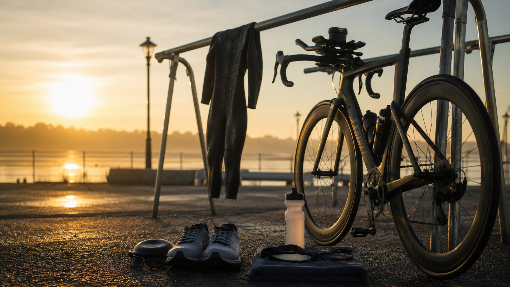 Une aire de transition de triathlon au petit matin avec vélo et chaussures alignés