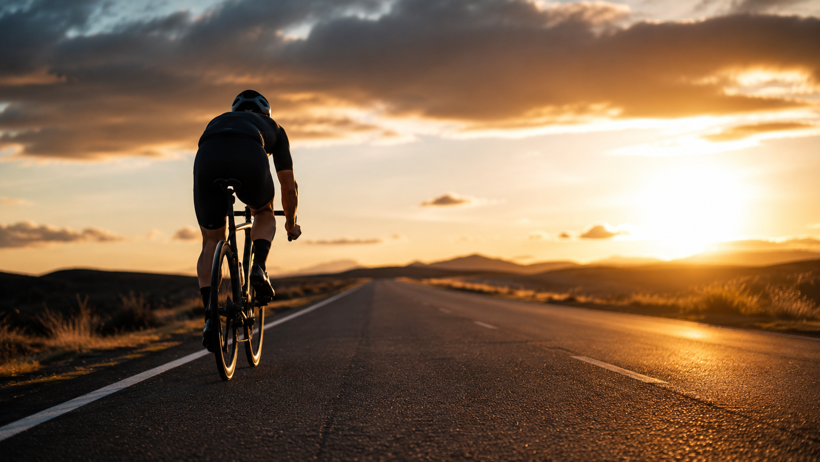 La silhouette d'un cycliste de dos sur une route ouverte sous un grand ciel