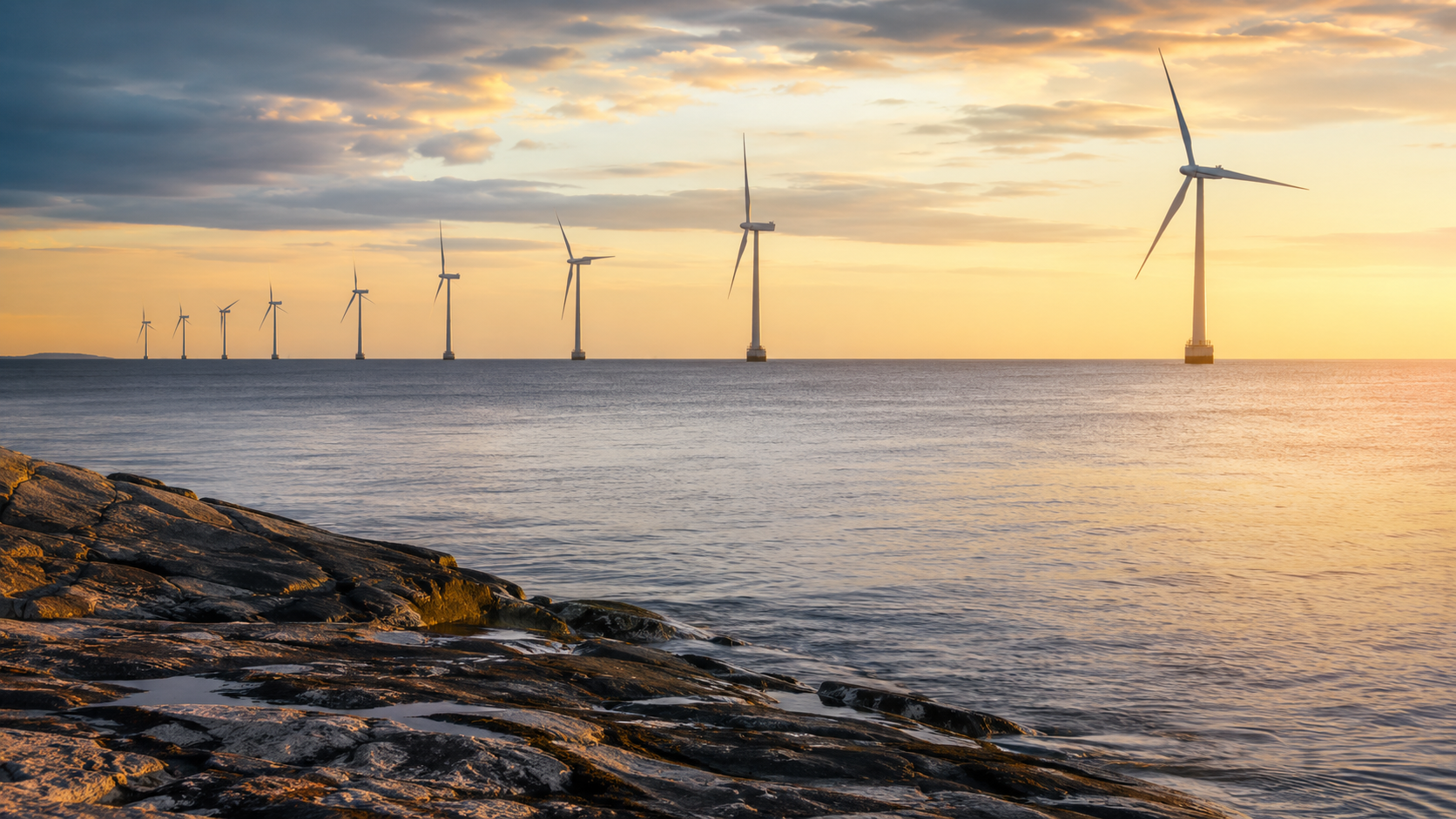 Une rangée d'éoliennes offshore dans une mer calme du nord, vue depuis le rivage