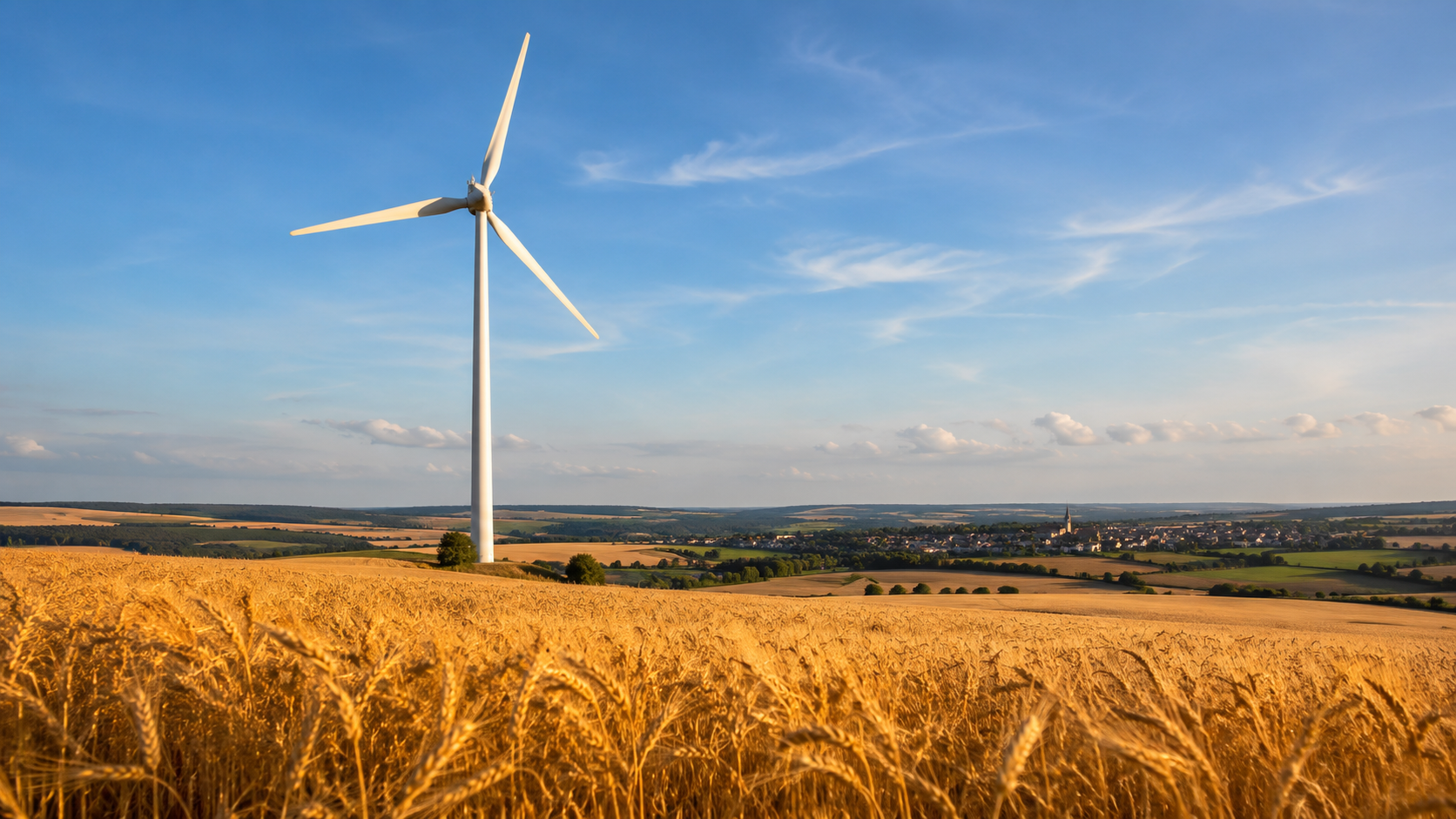 Une éolienne terrestre au-dessus de champs d'orge, un village et un clocher au loin
