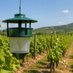Piège de surveillance vert suspendu dans une vigne ensoleillée de l'est de la France, aucun insecte visible