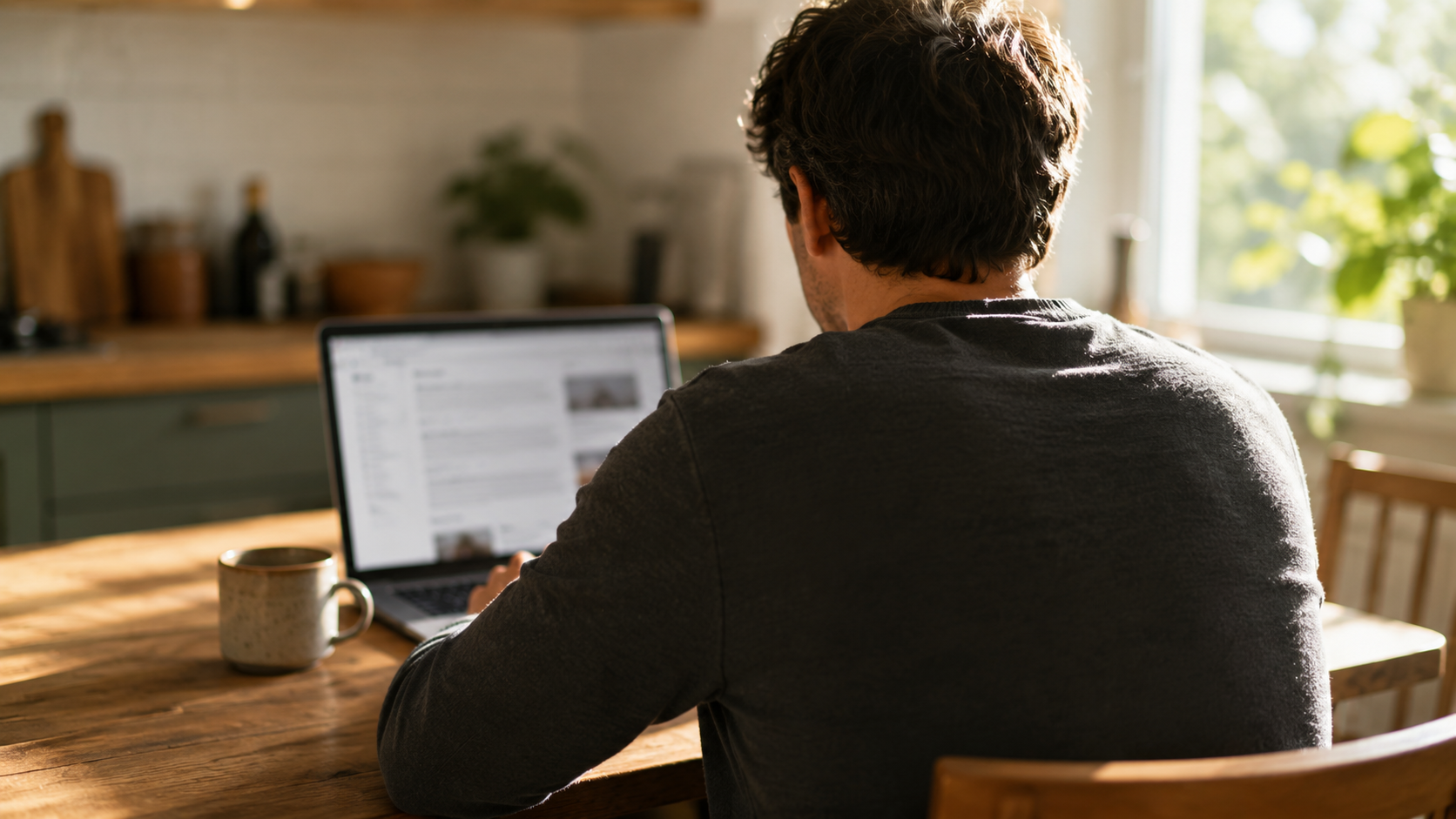 Un adulte vu de dos devant un ordinateur portable ouvert sur une page web floue, à la table de la cuisine