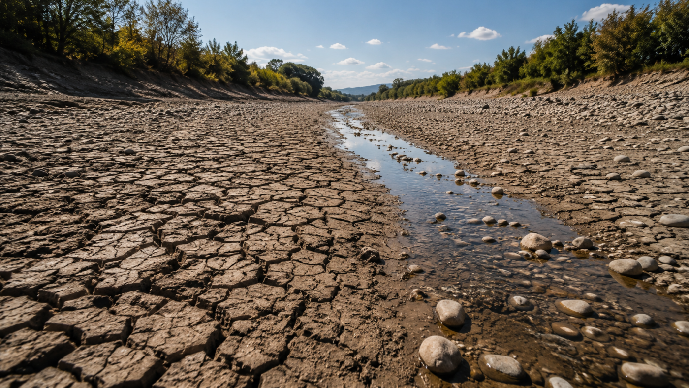 Lit asséché d'une petite rivière en été, vase craquelée en polygones, galets et mince filet d'eau au centre.
