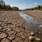 Lit asséché d'une petite rivière en été, vase craquelée en polygones, galets et mince filet d'eau au centre.