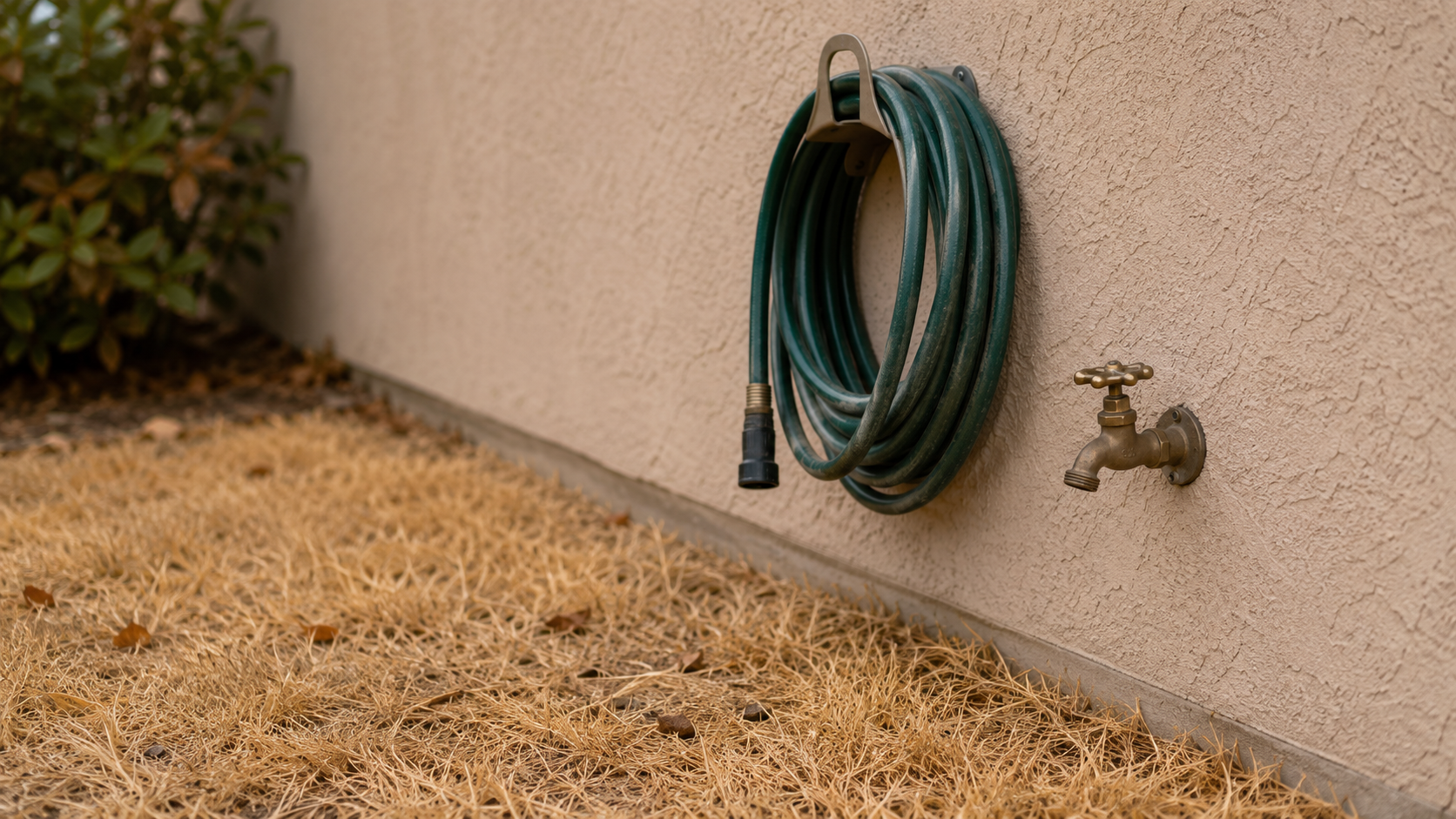 Robinet de jardin fermé sur un mur enduit, tuyau d'arrosage enroulé à côté et pelouse jaunie au sol.