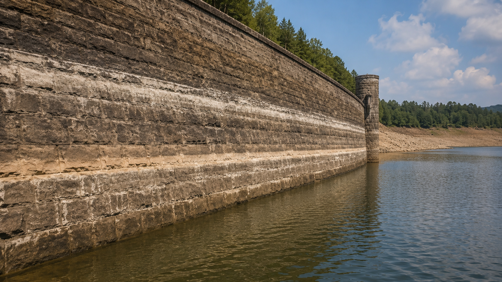 Mur de pierre d'une retenue d'eau portant plusieurs lignes d'eau claires, la surface actuelle nettement sous la ligne la plus haute.