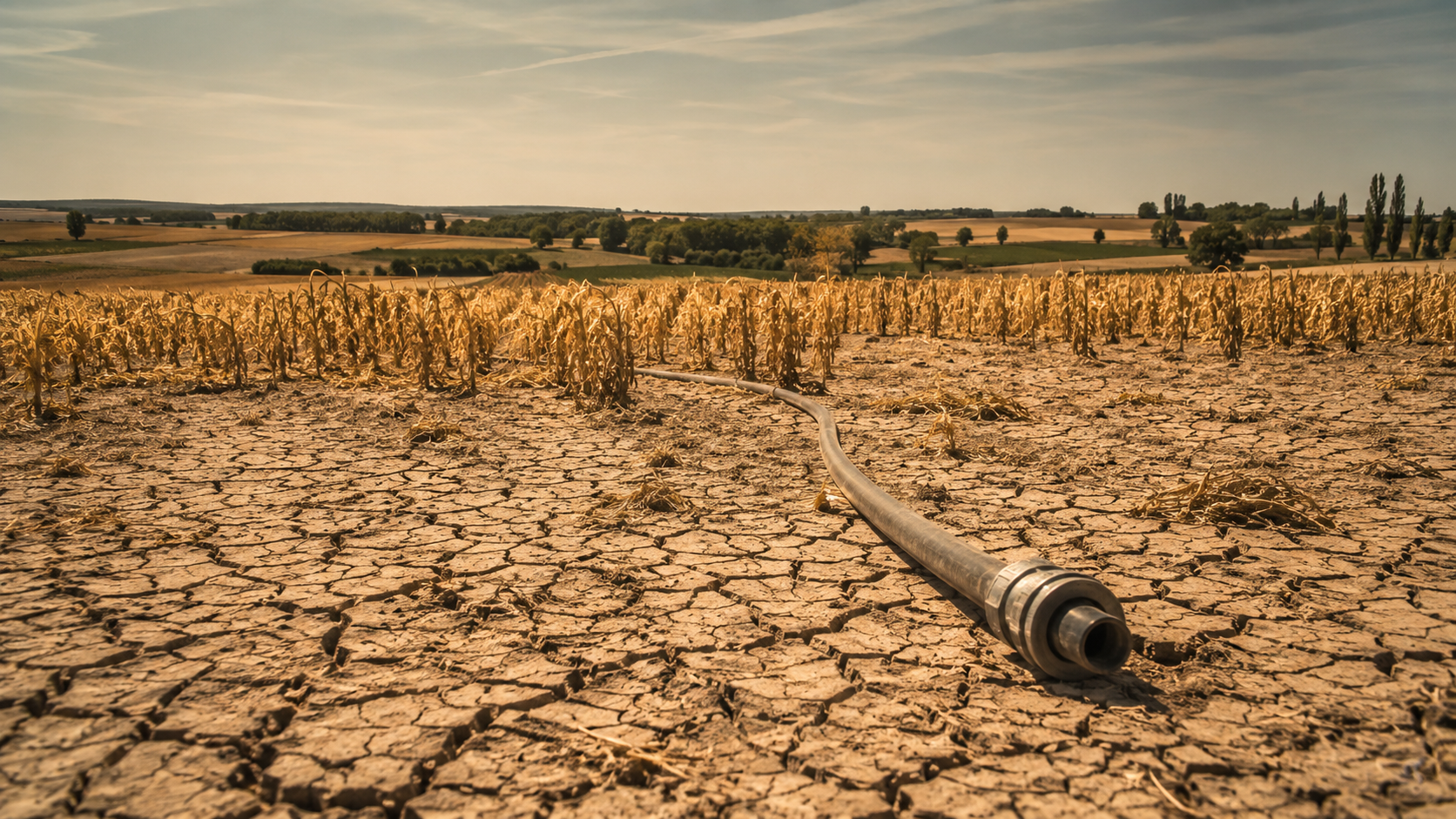 Champ agricole craquele et cultures jaunies avec un tuyau d'irrigation a l'arret