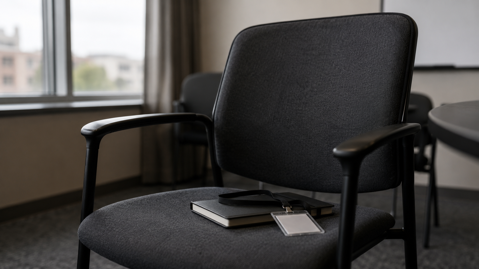 Chaise vide dans une salle de réunion, carnet fermé et porte-badge posés sur l'assise, fenêtre en arrière-plan