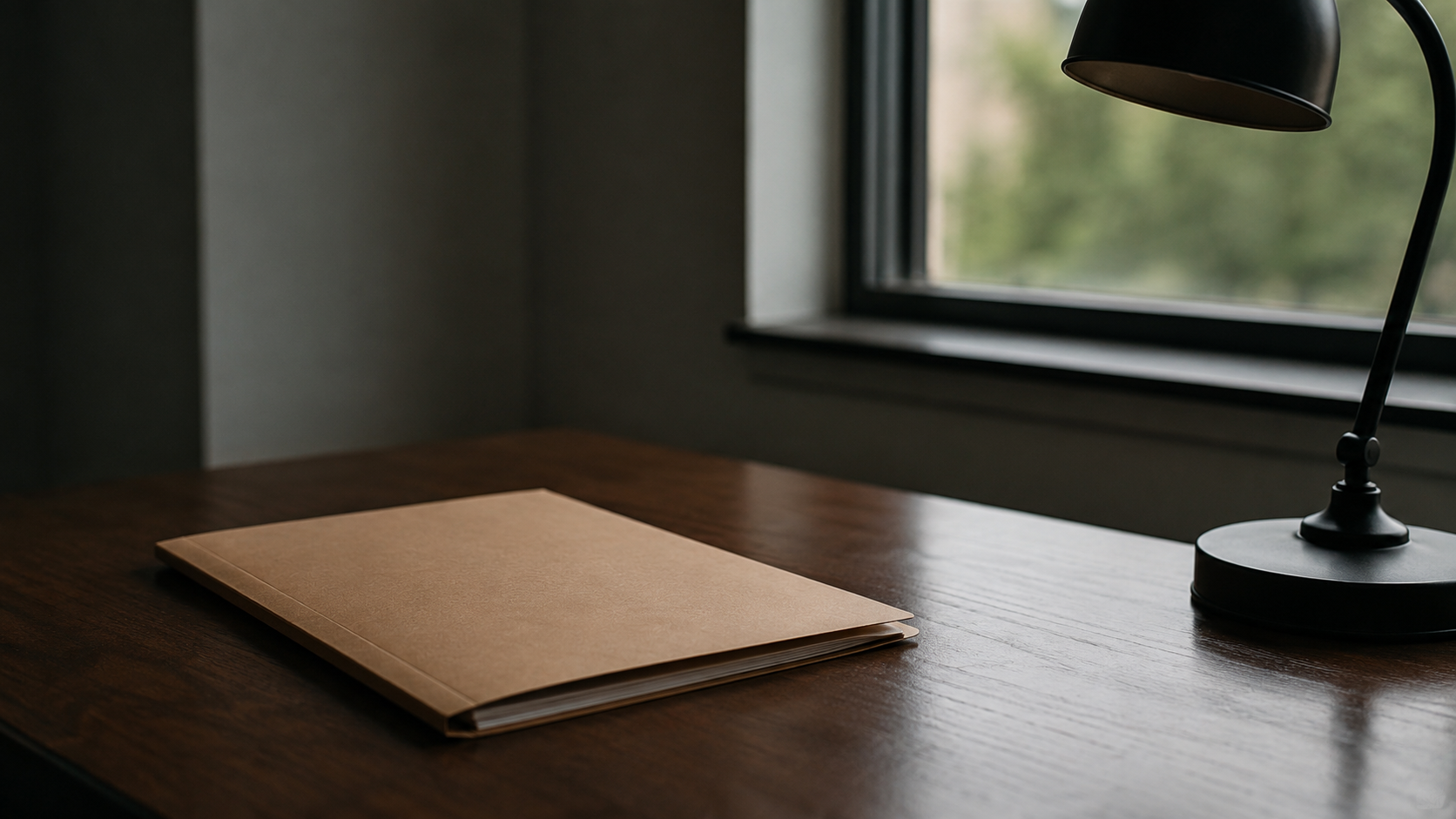 Chemise cartonnée fermée posée sur un bureau nu, à côté d'une lampe éteinte, devant une fenêtre