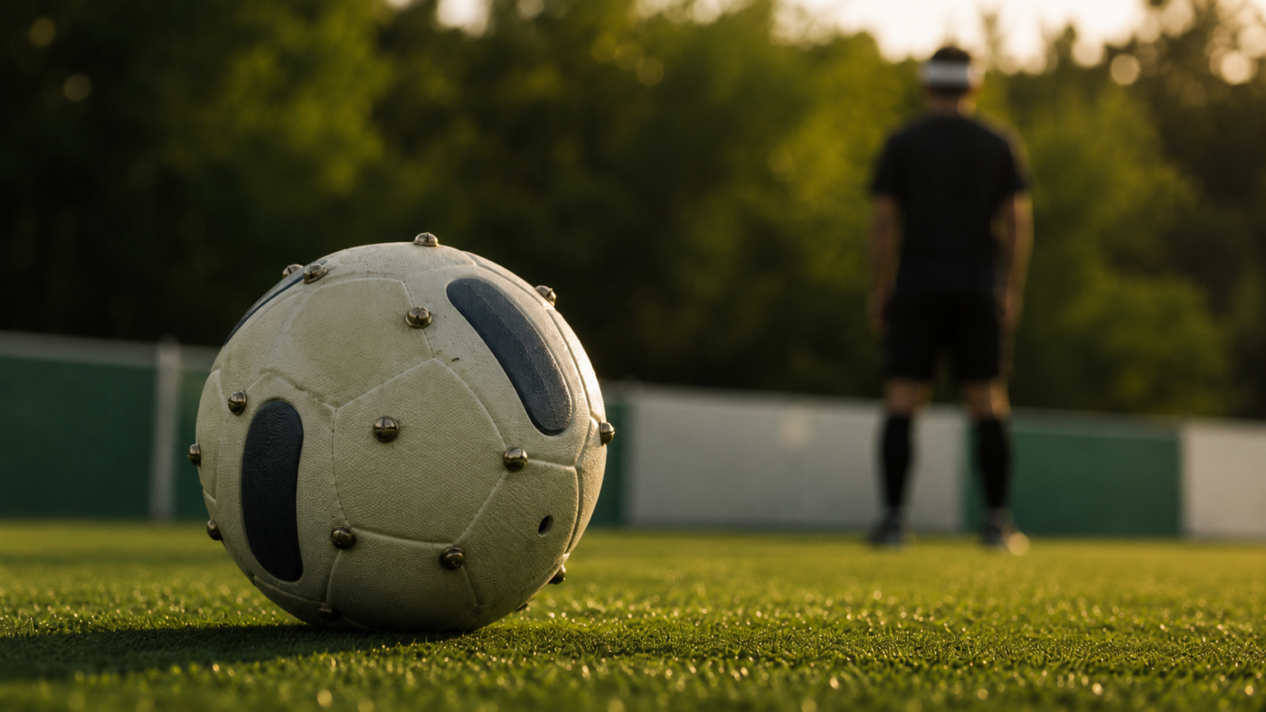 Ballon de cécifoot à grelots posé sur une pelouse, silhouette anonyme floue de dos au loin