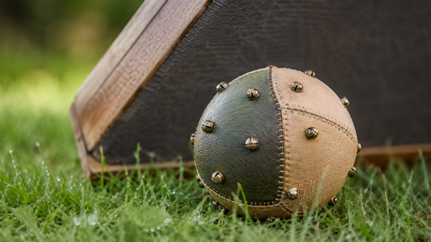 Gros plan d'un ballon de cécifoot à grelots sur une pelouse, contre une bande de rebond