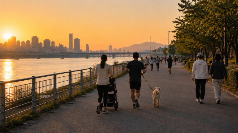 Un groupe marche et court au bord d'un fleuve urbain à l'aube, avec une poussette et un chien en laisse