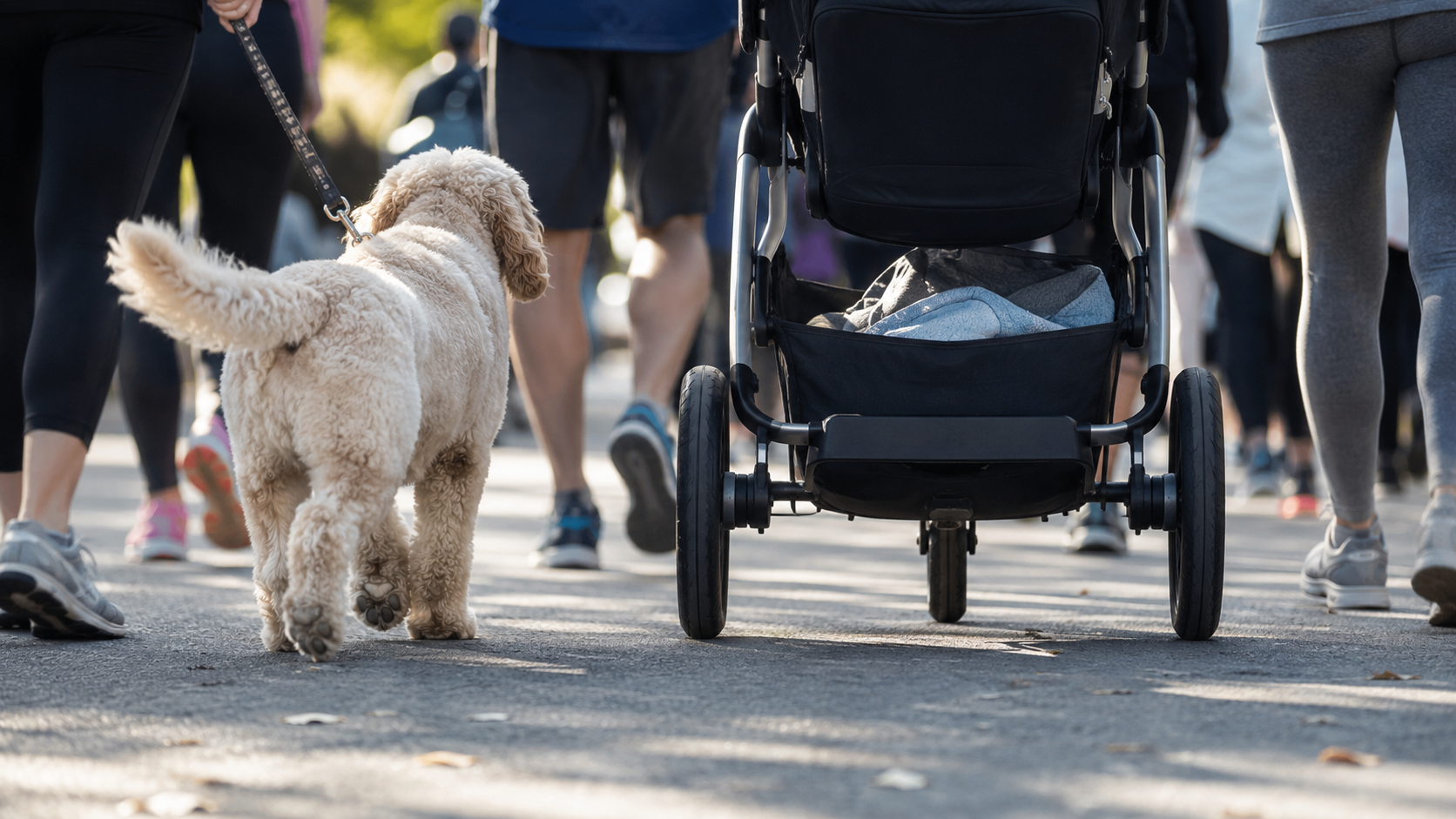 Une poussette et un chien en laisse avancent au milieu de marcheurs sur un chemin de bord de fleuve