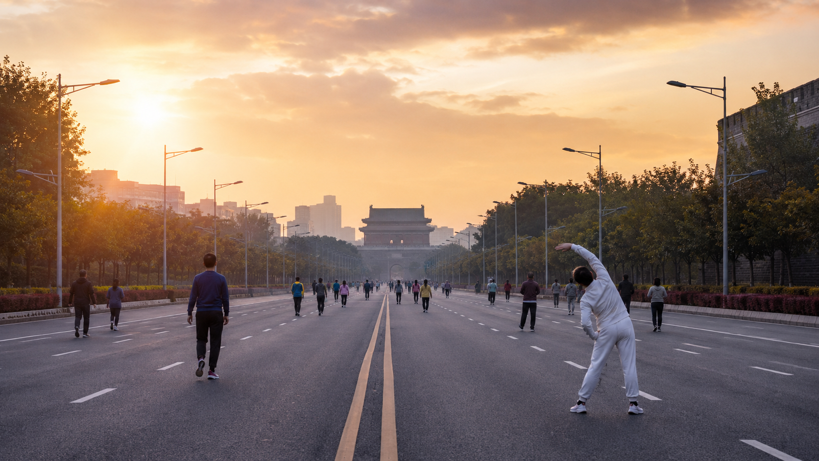 Une grande avenue historique fermée à la circulation à l'aube, avec de petits groupes de marcheurs