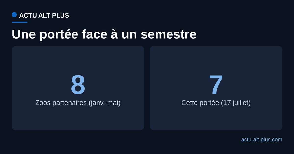 Comparaison : huit guépardeaux du Nord nés dans les zoos partenaires de janvier à mai 2026, contre sept dans la seule portée de Whipsnade du 17 juillet.
