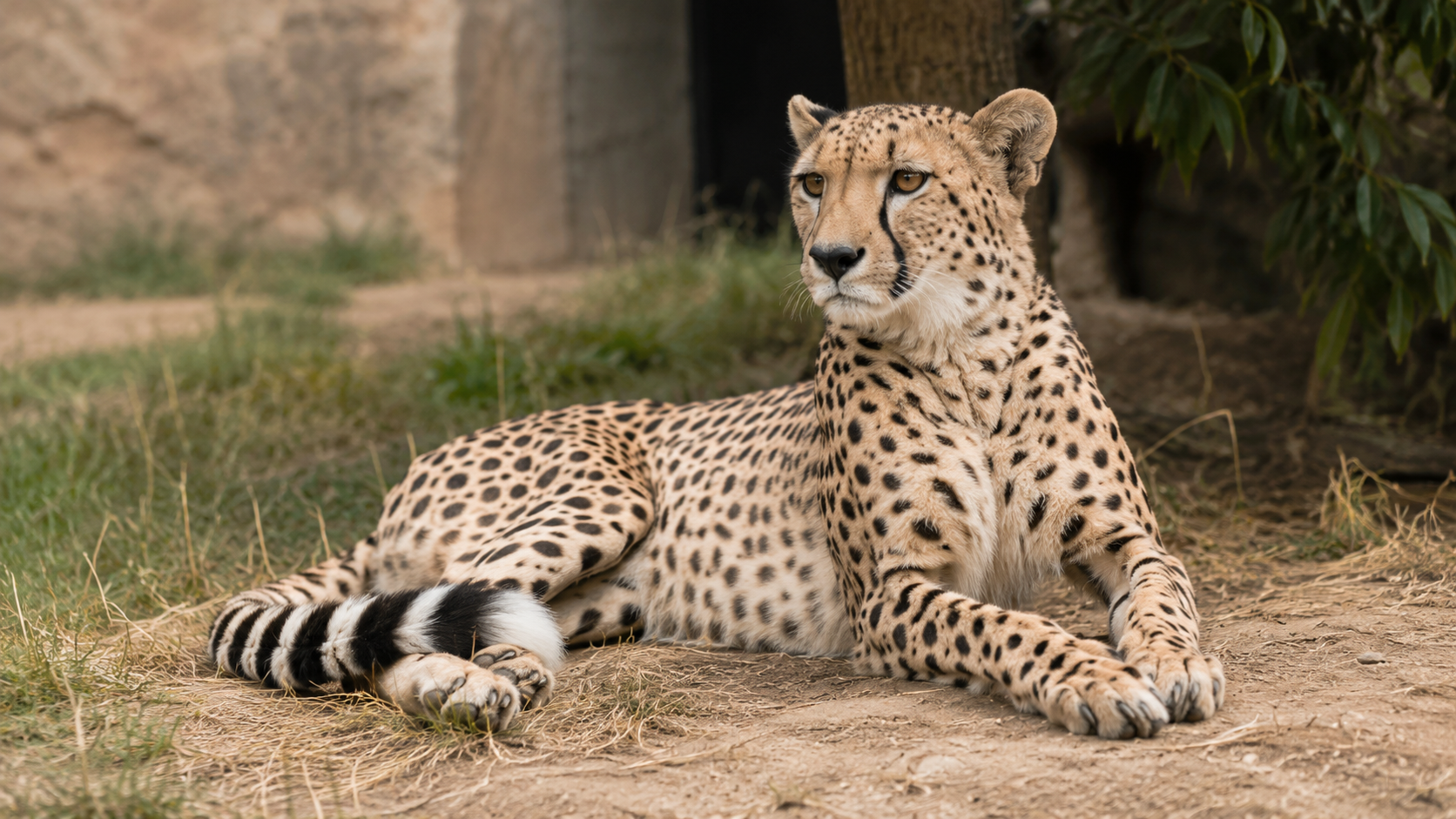 Femelle guépard adulte couchée dans un enclos naturaliste de zoo avec herbe sèche et abri ombragé