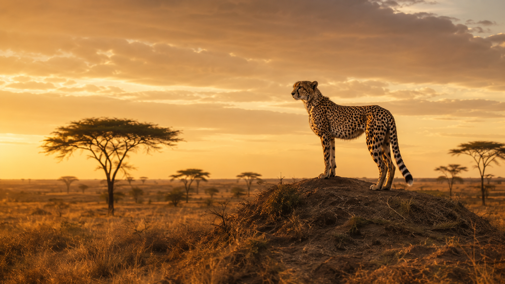 Guépard adulte debout sur un monticule dans une vaste savane sèche à l'heure dorée, acacias à l'horizon