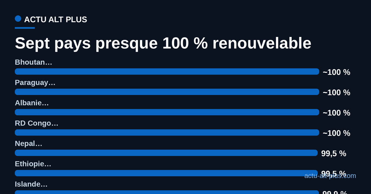 Sept pays classés par part d'électricité renouvelable, tous au-dessus de 99,7 %, du Bhoutan et Paraguay proches de 100 % au reste du groupe