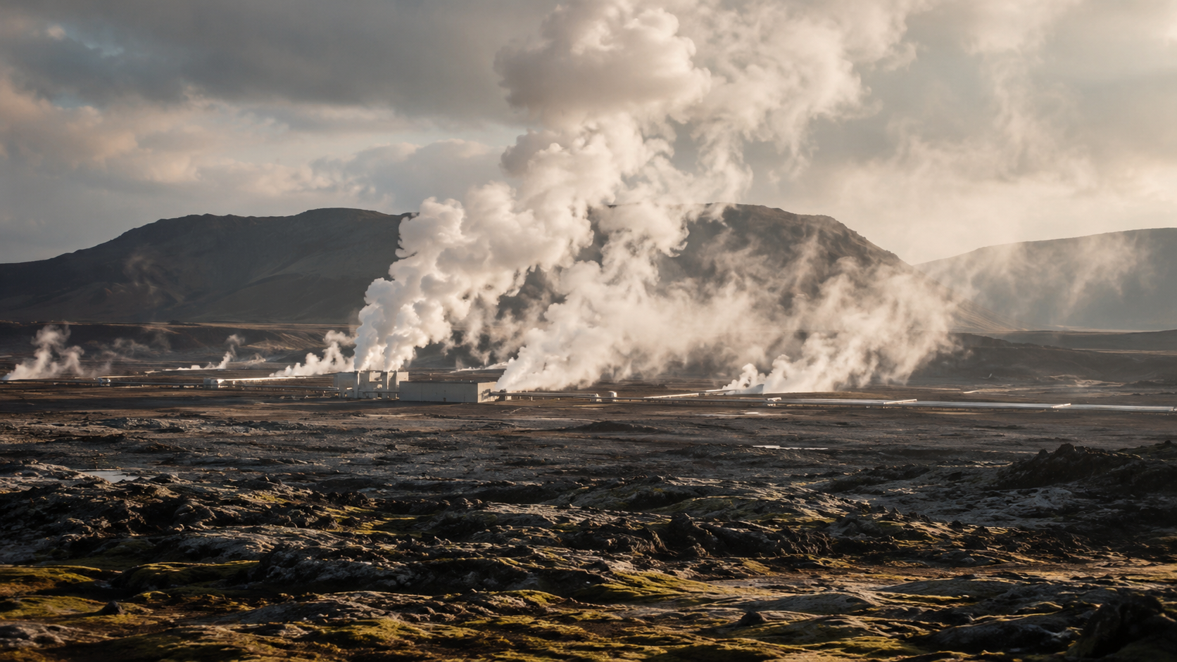 Une centrale géothermique islandaise avec des panaches de vapeur blanche sur une plaine volcanique
