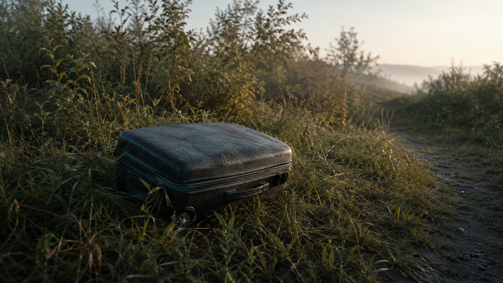 Valise fermée posée seule dans des herbes hautes et des buissons au bord d'un chemin, au petit matin