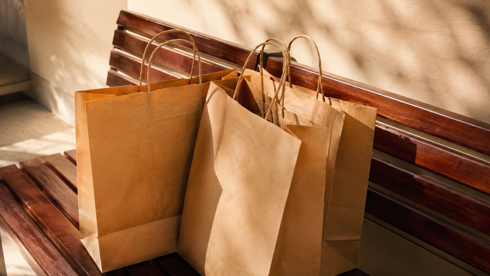 Quelques sacs de shopping en papier neutre poses sur un banc en bois sous une lumiere d'ete