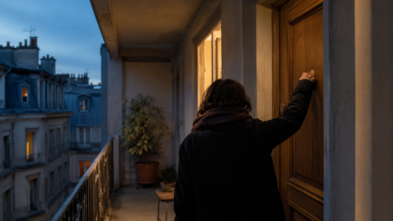 Une main sur le point de frapper a la porte d'un voisin sur un palier eclaire au crepuscule, evoquant la vigilance entre voisins.