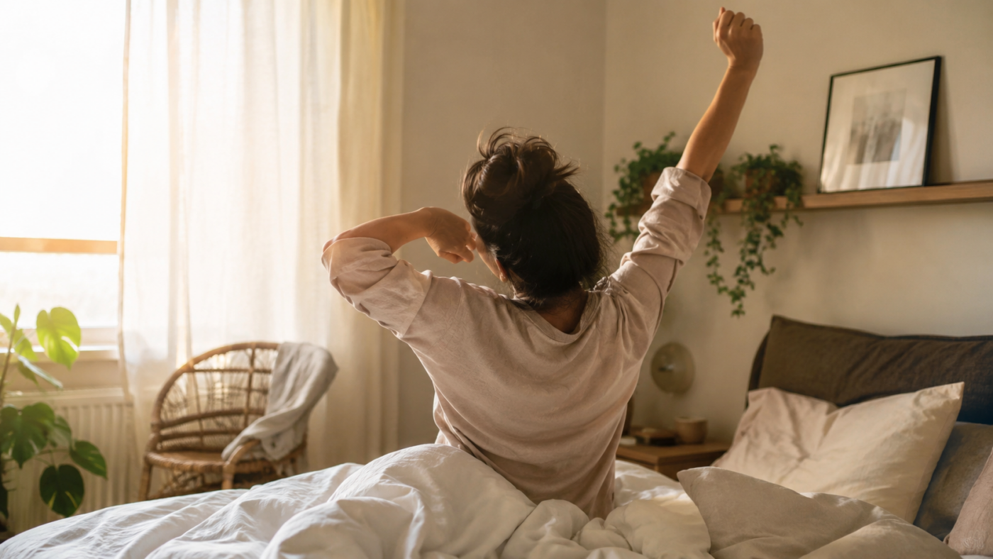 Personne anonyme s'etirant au reveil dans une chambre baignee de lumiere matinale douce
