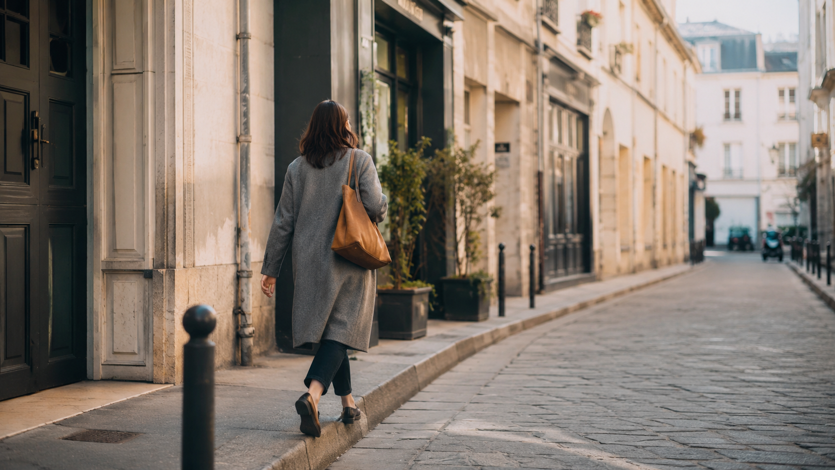 Personne anonyme marchant d'un bon pas dans une rue calme le matin