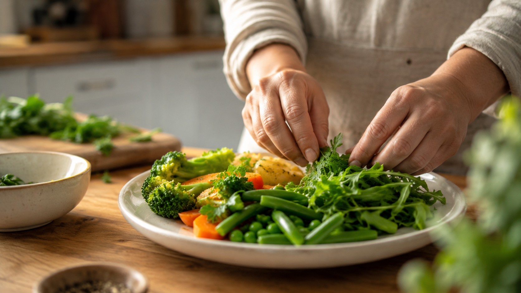 Mains anonymes preparant une assiette de legumes frais dans une cuisine ordinaire