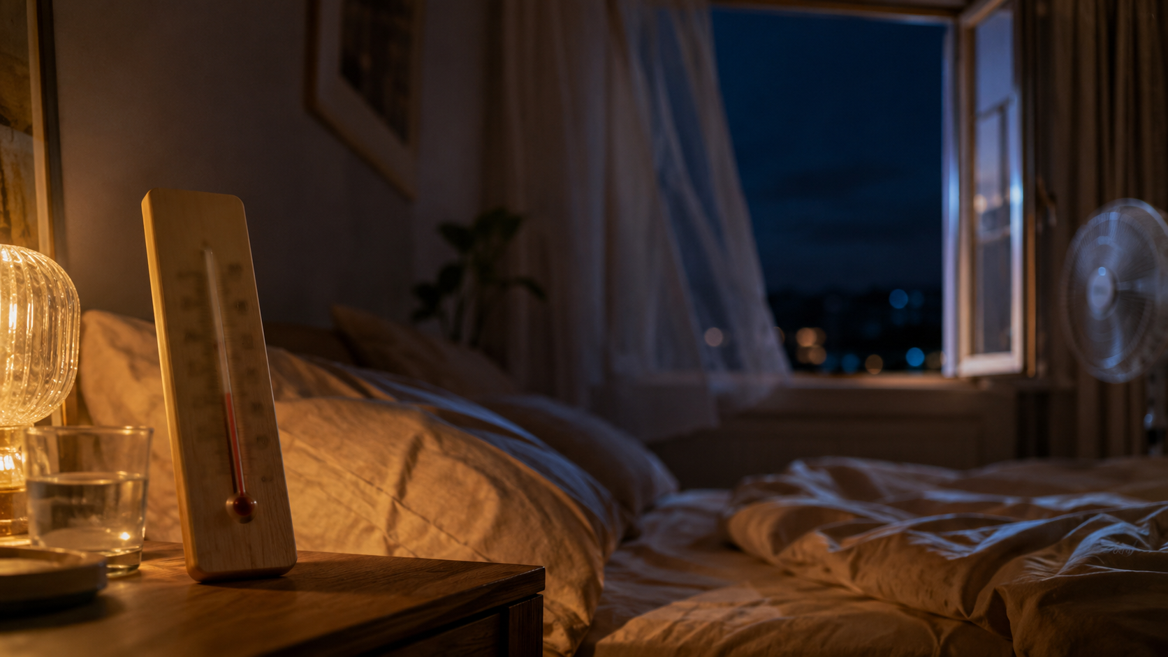 Un thermometre de chevet pres d'une fenetre ouverte la nuit, dans une chambre a l'air chaud