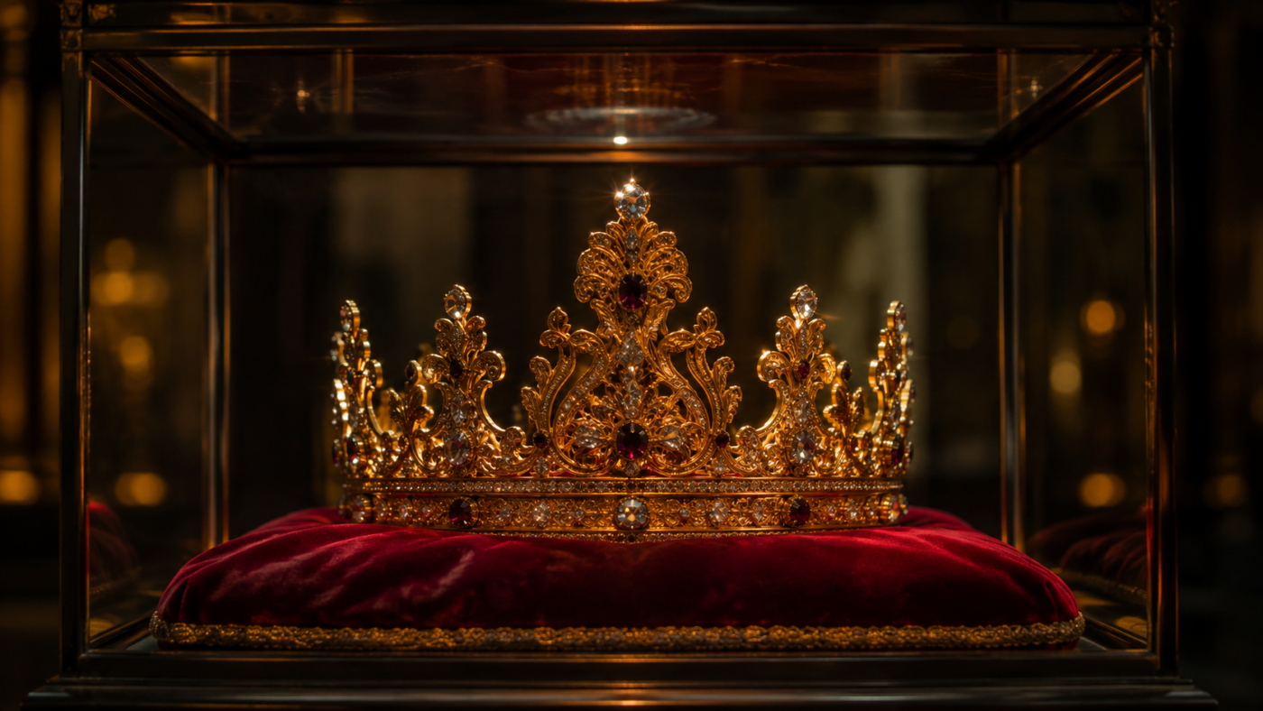 Couronne funéraire en or ouvragée sur un coussin de velours rouge dans une vitrine sombre