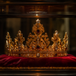 Couronne funéraire en or ouvragée sur un coussin de velours rouge dans une vitrine sombre