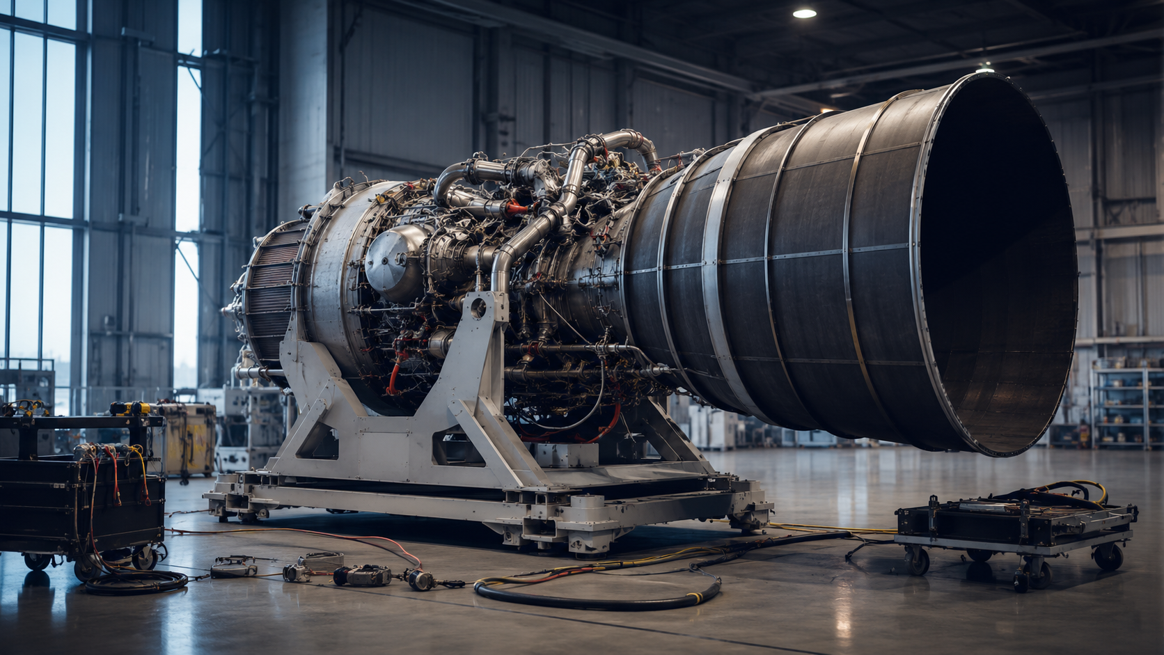 Un moteur de fusée de rechange posé sur un berceau de transport dans un hangar