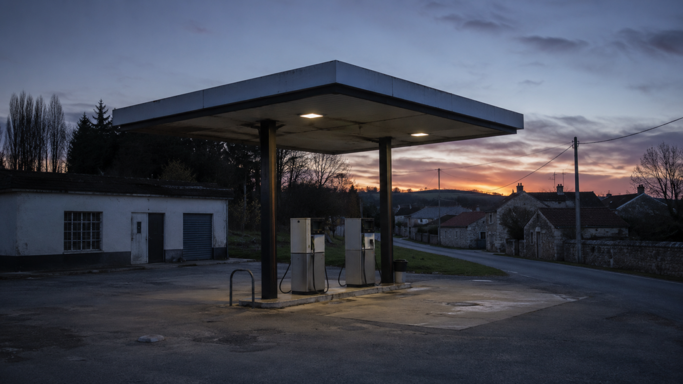Petite station-service rurale au crépuscule, deux pompes neutres sous un auvent plat, avant-cour vide au bord d'un village.