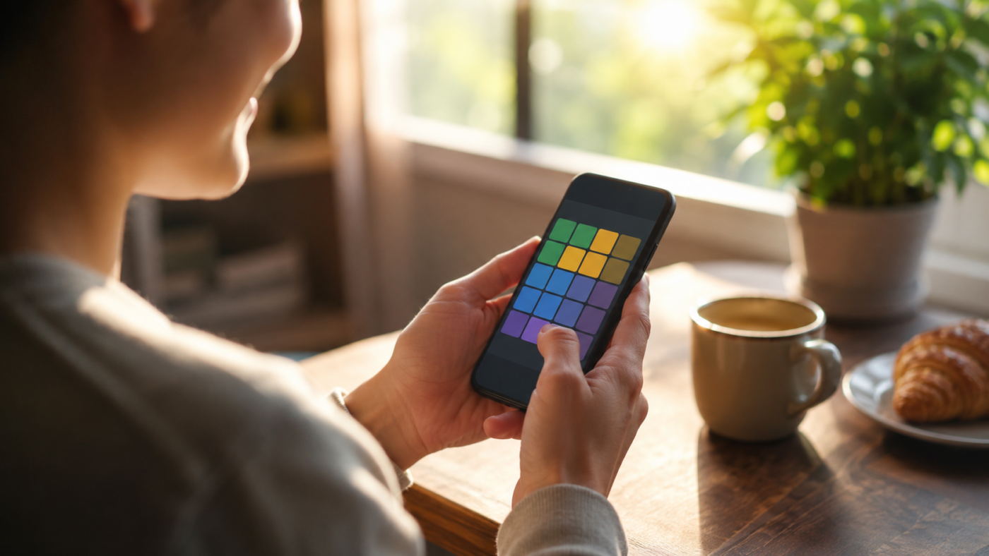Personne sur son smartphone affichant une grille de cases colorées sans lettres