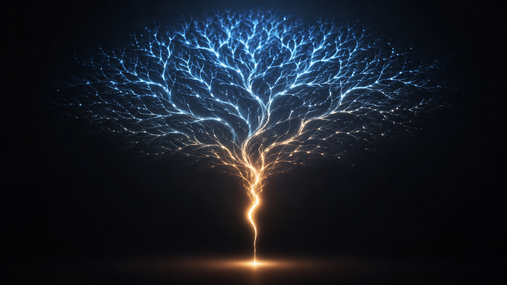 Arborescence lumineuse se réduisant de nombreuses branches à un seul chemin
