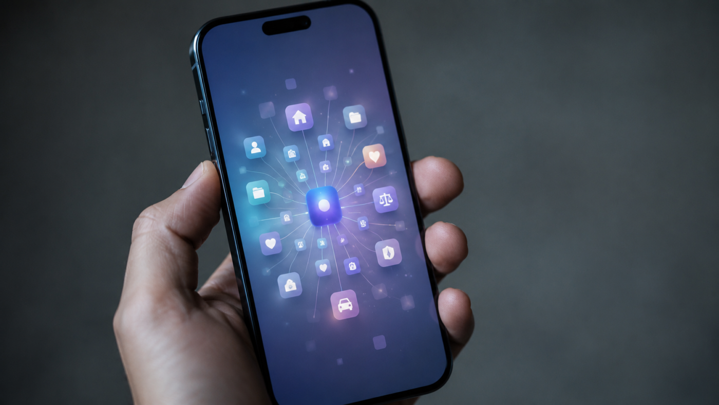 Smartphone tenu en main affichant une grille abstraite d'icônes administratives qui se rassemblent, fond neutre