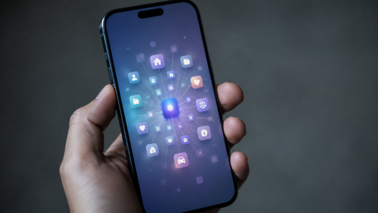 Smartphone tenu en main affichant une grille abstraite d'icônes administratives qui se rassemblent, fond neutre