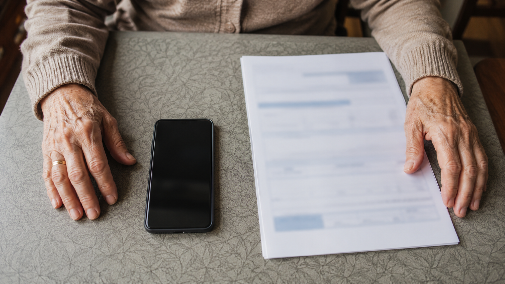Mains d'une personne âgée sur une table, à côté d'un smartphone et d'un formulaire papier, vues de dessus